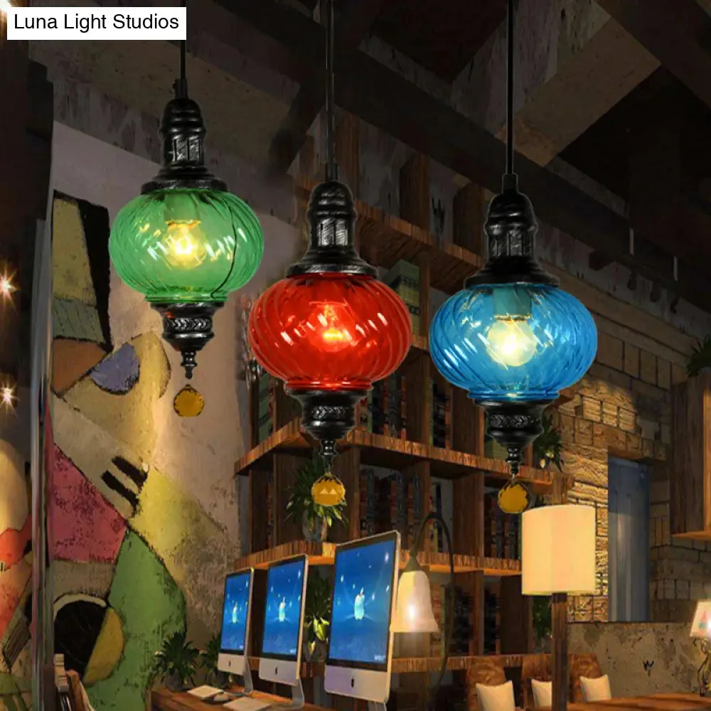 Moroccan Oval Textured Glass Pendant Light - Vibrant Red/Blue/Green - Ideal for Restaurants