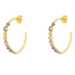 Multi Color Stone Hoops Sterling Silver Earrings plated in 18K Gold