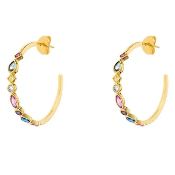 Multi Color Stone Hoops Sterling Silver Earrings plated in 18K Gold