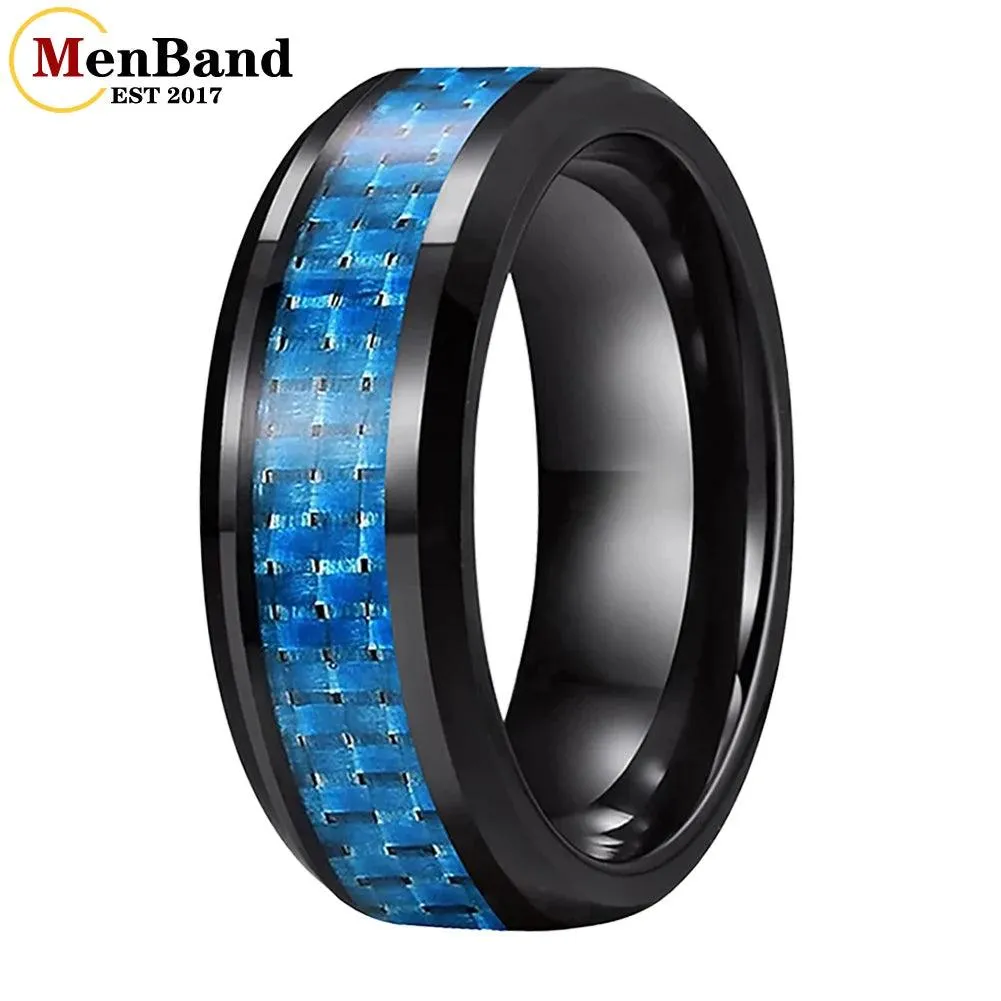 New Beveled White/Blue Carbon Fiber Inlay Fashion 6/8mm Comfort Fit Tungsten Carbide Wedding Rings for Men and Women