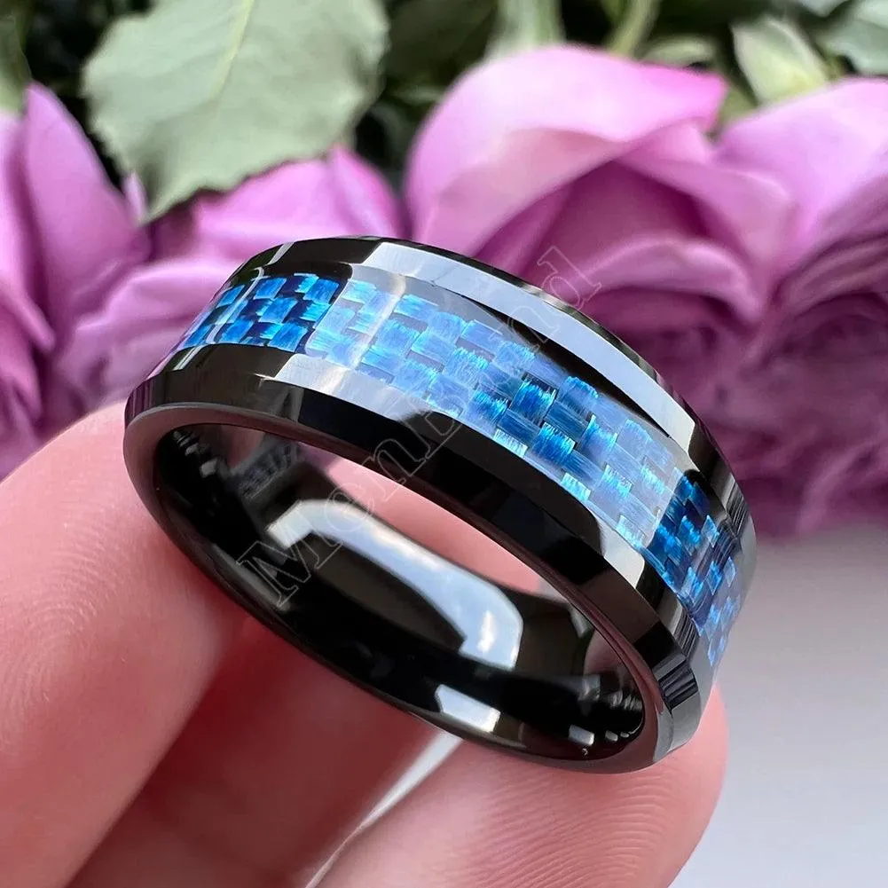 New Beveled White/Blue Carbon Fiber Inlay Fashion 6/8mm Comfort Fit Tungsten Carbide Wedding Rings for Men and Women