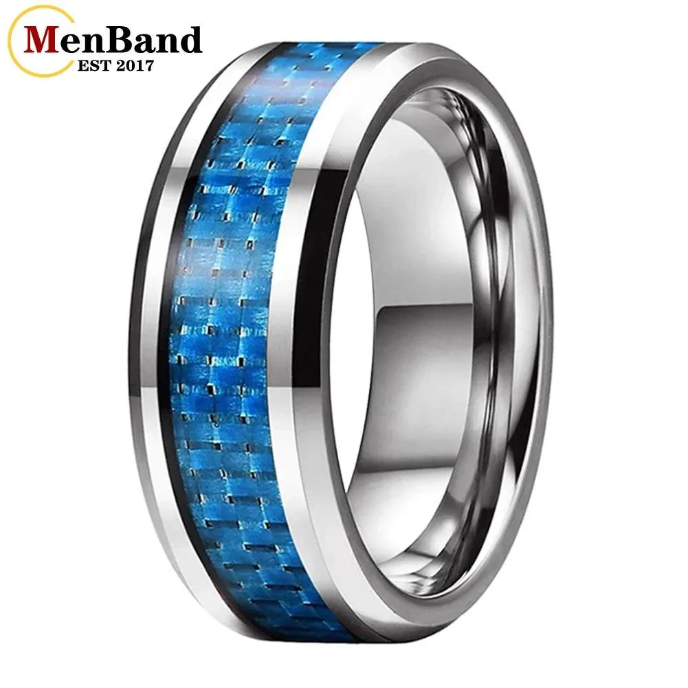 New Beveled White/Blue Carbon Fiber Inlay Fashion 6/8mm Comfort Fit Tungsten Carbide Wedding Rings for Men and Women