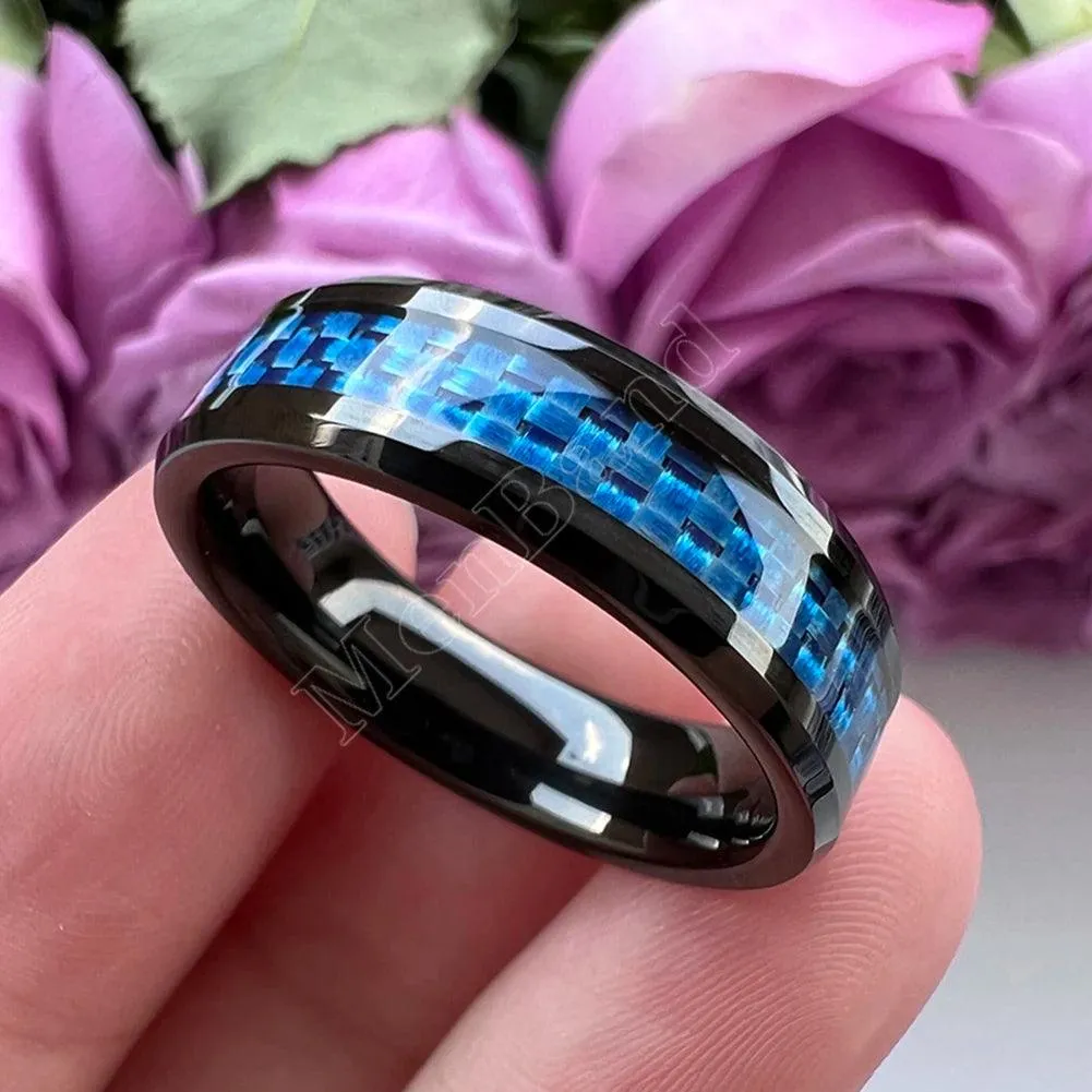 New Beveled White/Blue Carbon Fiber Inlay Fashion 6/8mm Comfort Fit Tungsten Carbide Wedding Rings for Men and Women