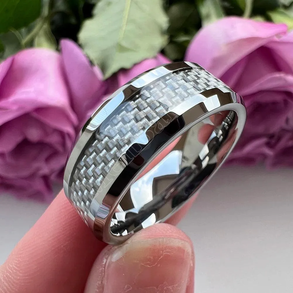 New Beveled White/Blue Carbon Fiber Inlay Fashion 6/8mm Comfort Fit Tungsten Carbide Wedding Rings for Men and Women