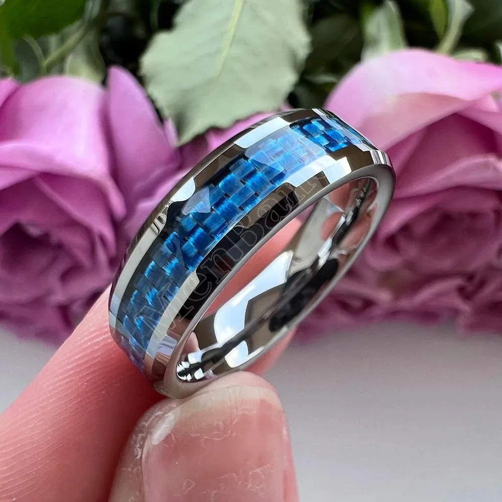New Beveled White/Blue Carbon Fiber Inlay Fashion 6/8mm Comfort Fit Tungsten Carbide Wedding Rings for Men and Women