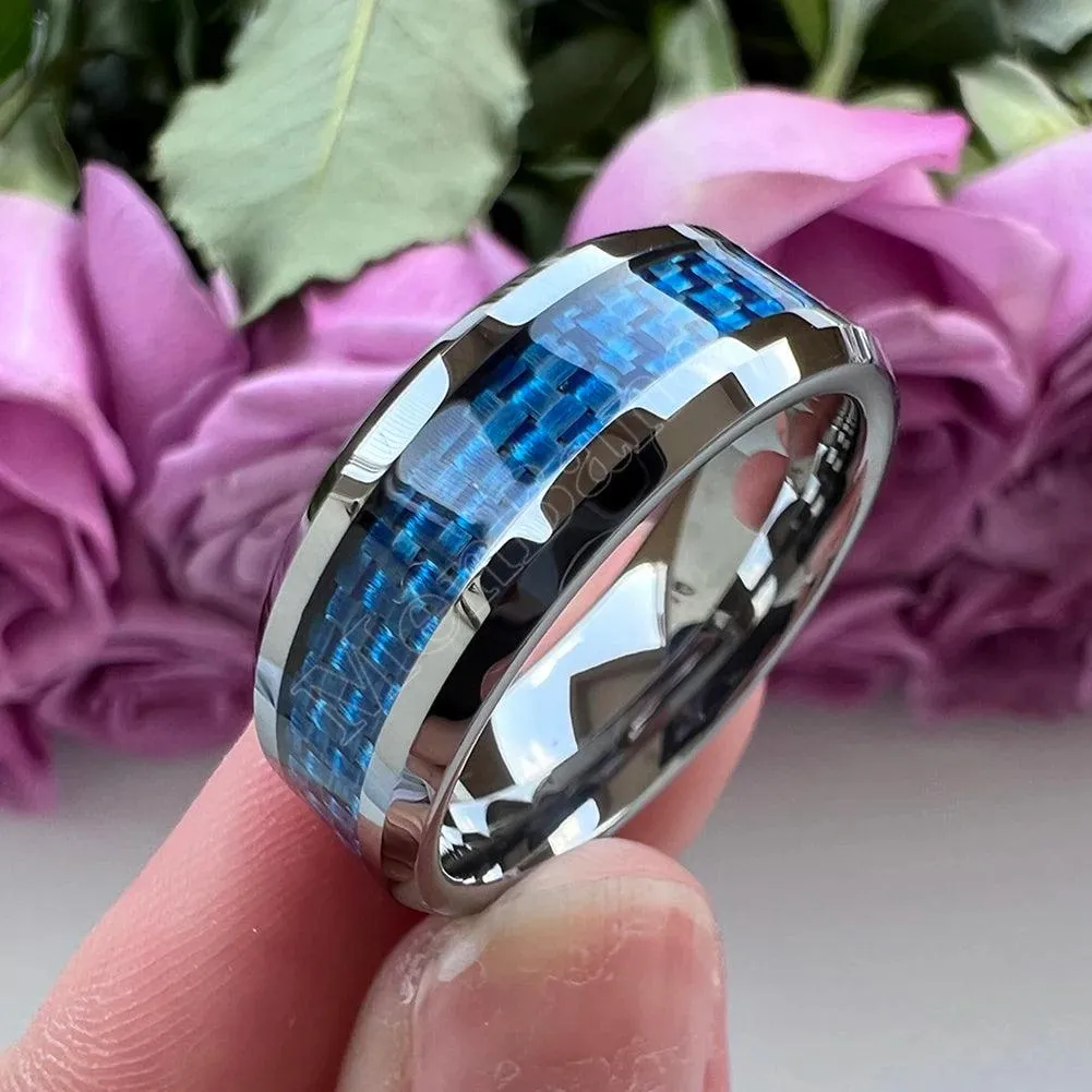 New Beveled White/Blue Carbon Fiber Inlay Fashion 6/8mm Comfort Fit Tungsten Carbide Wedding Rings for Men and Women