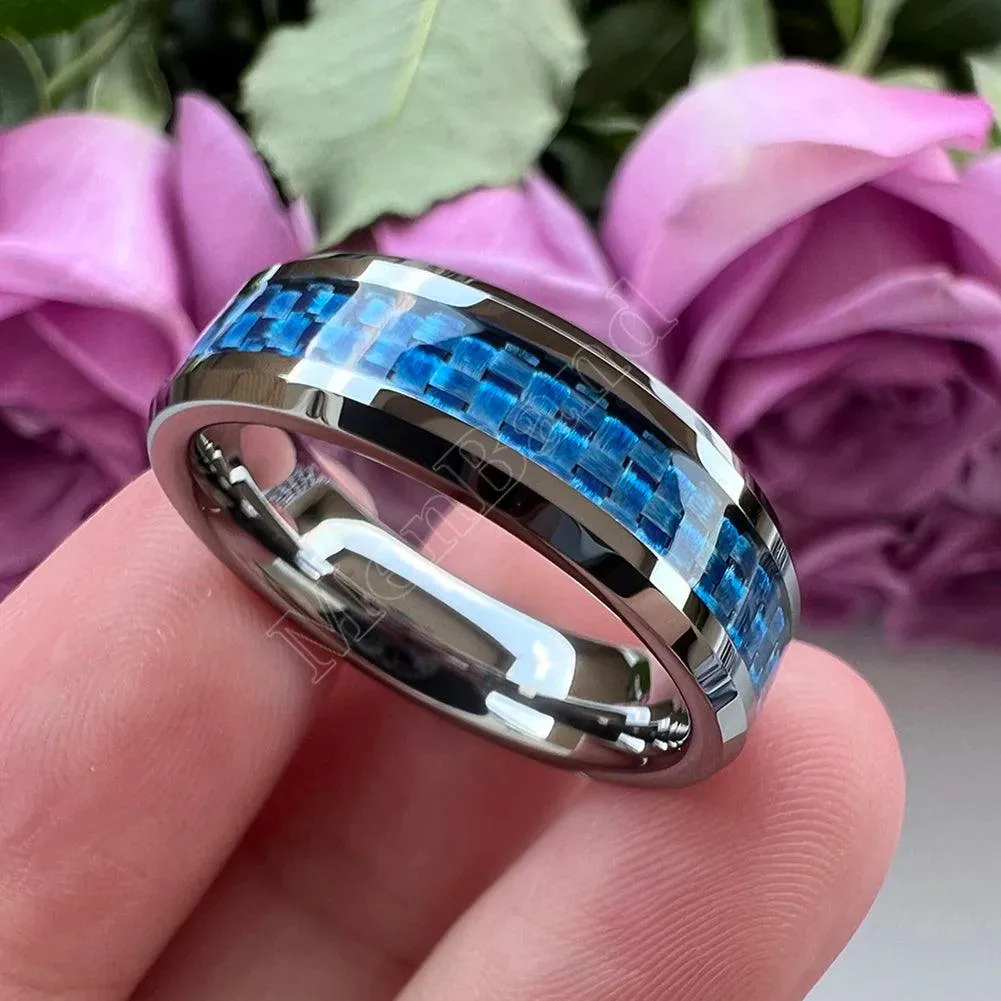 New Beveled White/Blue Carbon Fiber Inlay Fashion 6/8mm Comfort Fit Tungsten Carbide Wedding Rings for Men and Women