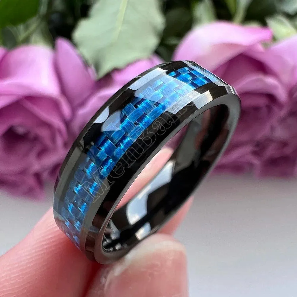 New Beveled White/Blue Carbon Fiber Inlay Fashion 6/8mm Comfort Fit Tungsten Carbide Wedding Rings for Men and Women