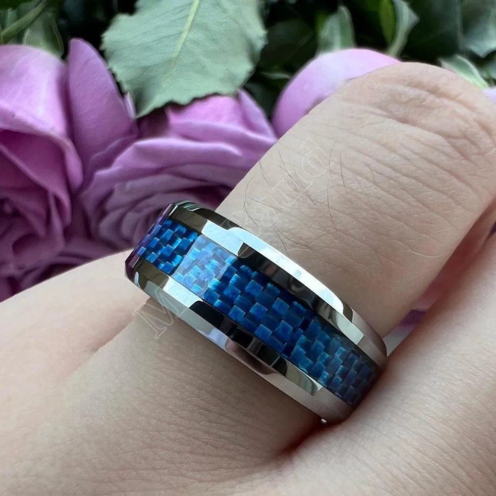 New Beveled White/Blue Carbon Fiber Inlay Fashion 6/8mm Comfort Fit Tungsten Carbide Wedding Rings for Men and Women