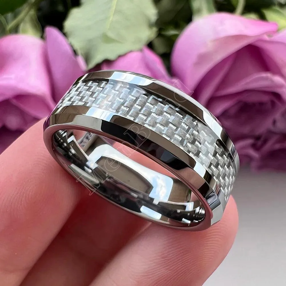New Beveled White/Blue Carbon Fiber Inlay Fashion 6/8mm Comfort Fit Tungsten Carbide Wedding Rings for Men and Women