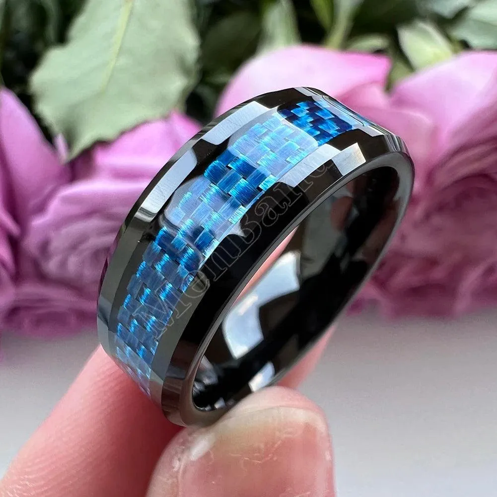 New Beveled White/Blue Carbon Fiber Inlay Fashion 6/8mm Comfort Fit Tungsten Carbide Wedding Rings for Men and Women