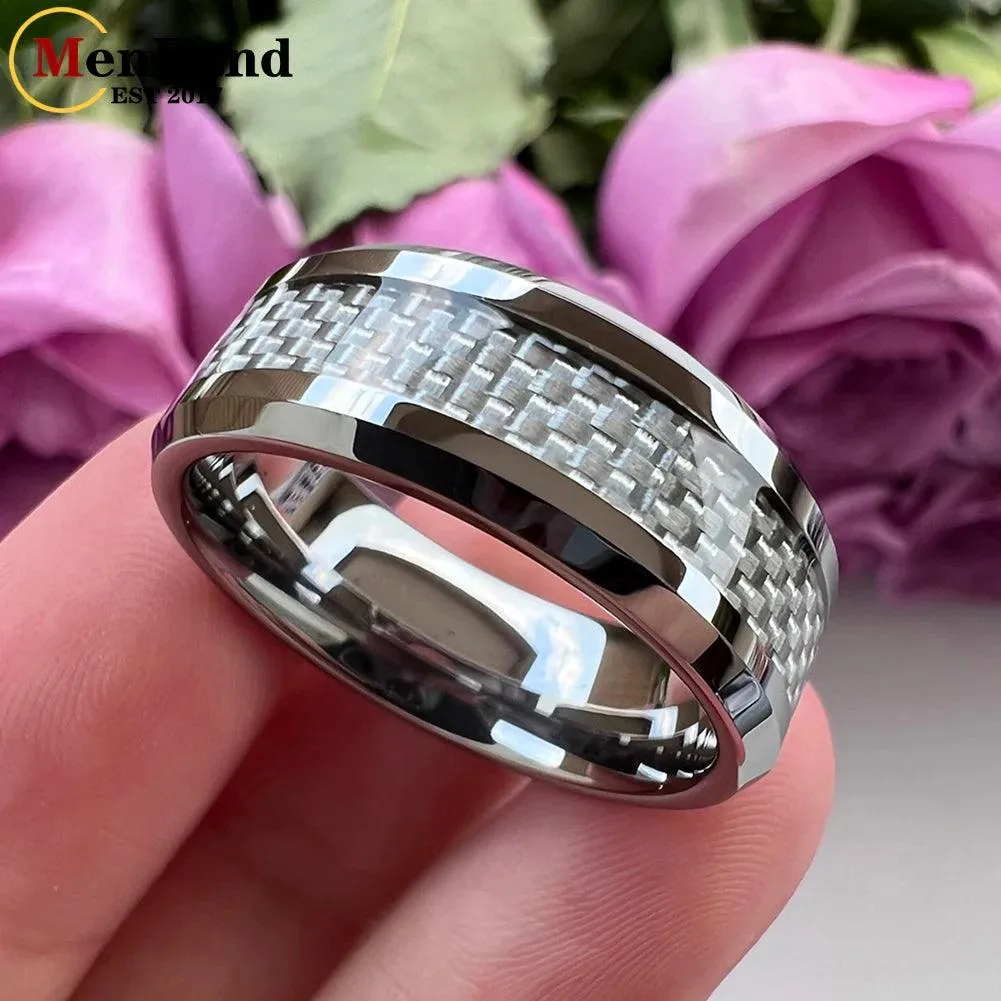 New Beveled White/Blue Carbon Fiber Inlay Fashion 6/8mm Comfort Fit Tungsten Carbide Wedding Rings for Men and Women