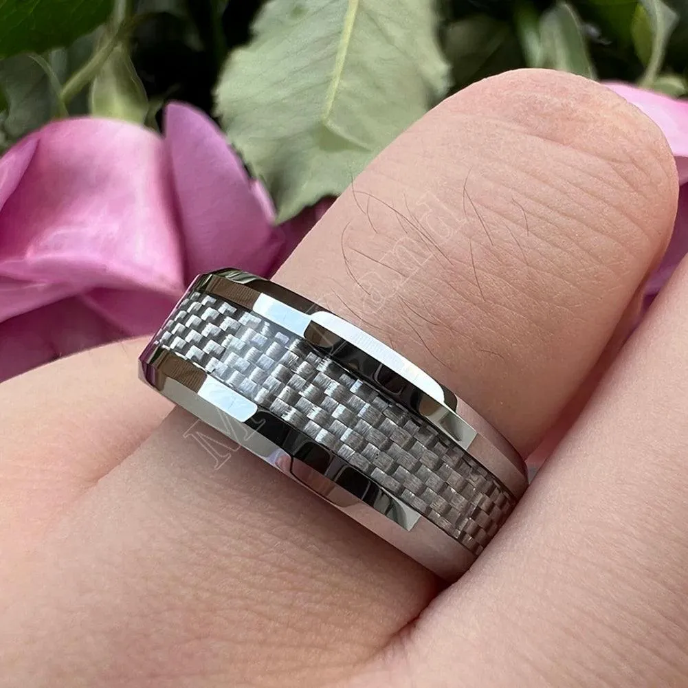 New Beveled White/Blue Carbon Fiber Inlay Fashion 6/8mm Comfort Fit Tungsten Carbide Wedding Rings for Men and Women