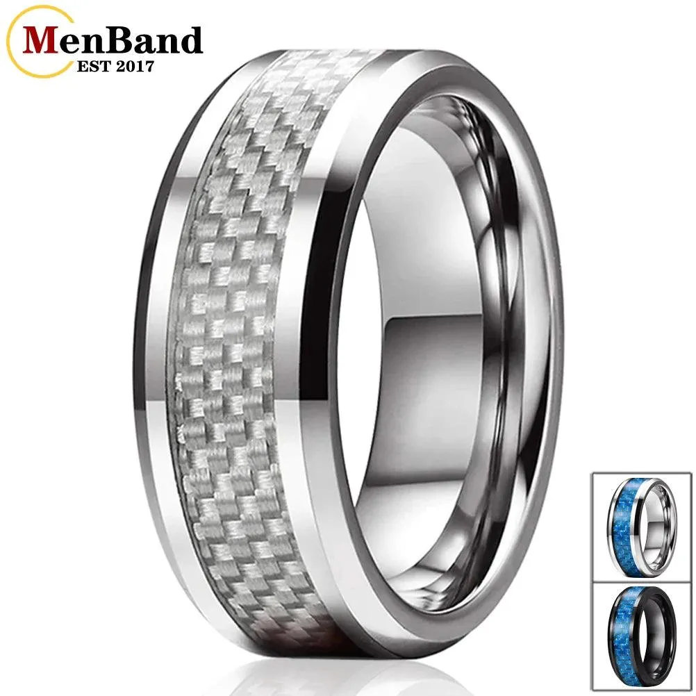 New Beveled White/Blue Carbon Fiber Inlay Fashion 6/8mm Comfort Fit Tungsten Carbide Wedding Rings for Men and Women