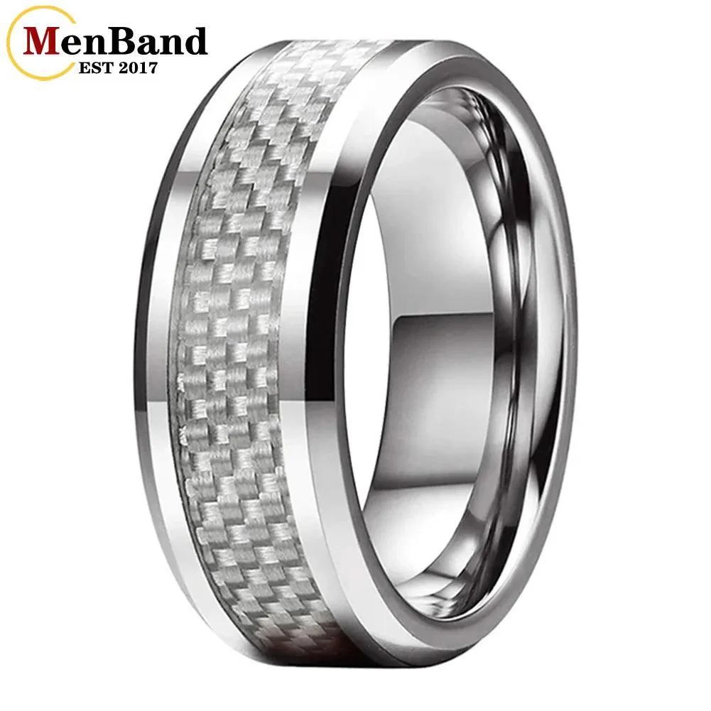 New Beveled White/Blue Carbon Fiber Inlay Fashion 6/8mm Comfort Fit Tungsten Carbide Wedding Rings for Men and Women
