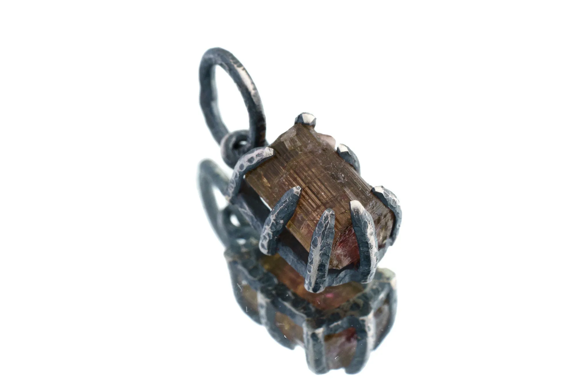 Olive Watermelon Tourmaline Slice - Oxidised Sterling Silver - Strong Claw Wire Setting  - Hammer Textured - Pendant Crystal Necklace