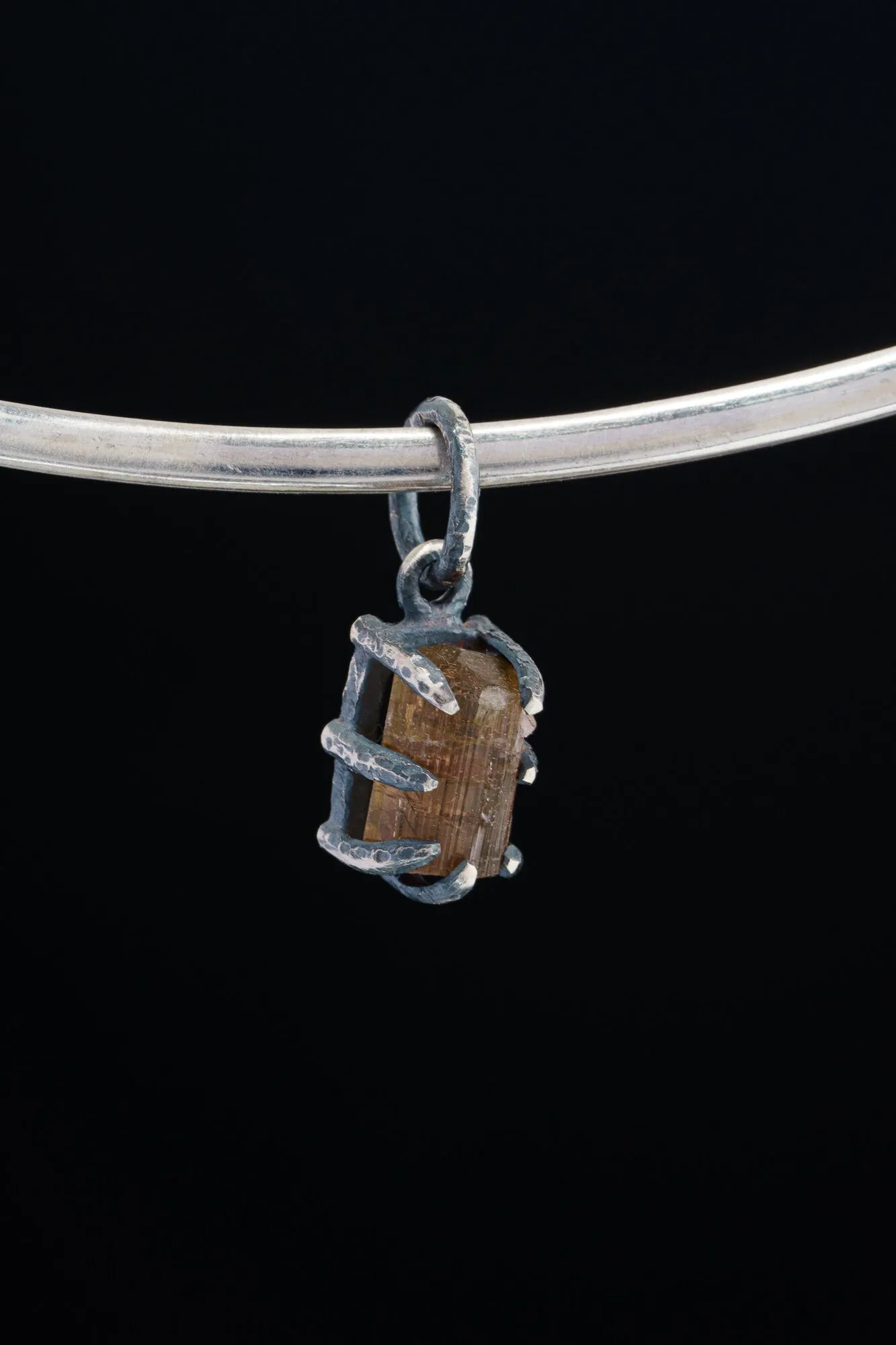 Olive Watermelon Tourmaline Slice - Oxidised Sterling Silver - Strong Claw Wire Setting  - Hammer Textured - Pendant Crystal Necklace