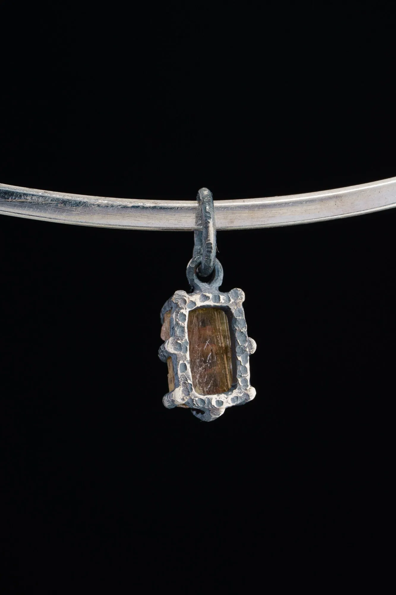 Olive Watermelon Tourmaline Slice - Oxidised Sterling Silver - Strong Claw Wire Setting  - Hammer Textured - Pendant Crystal Necklace