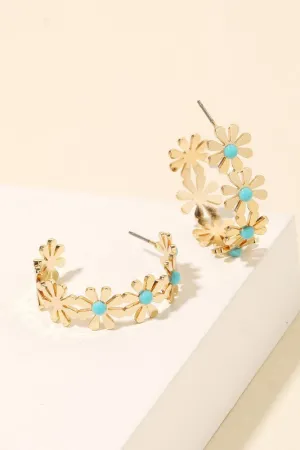 Open Hoop Daisy Earring - Light Teal / Gold