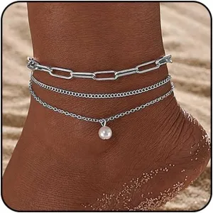 Otxas Gold Anklets for Women 14K Gold Layered Anklet Bracelets for Women Summer Silver Anklets for Women Silver Paperclip Link Beach Anklets for Women Foot Bracelets Jewelry