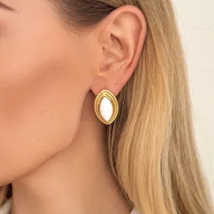 Oval Diamond Shape White Stone 18k Gold Earrings