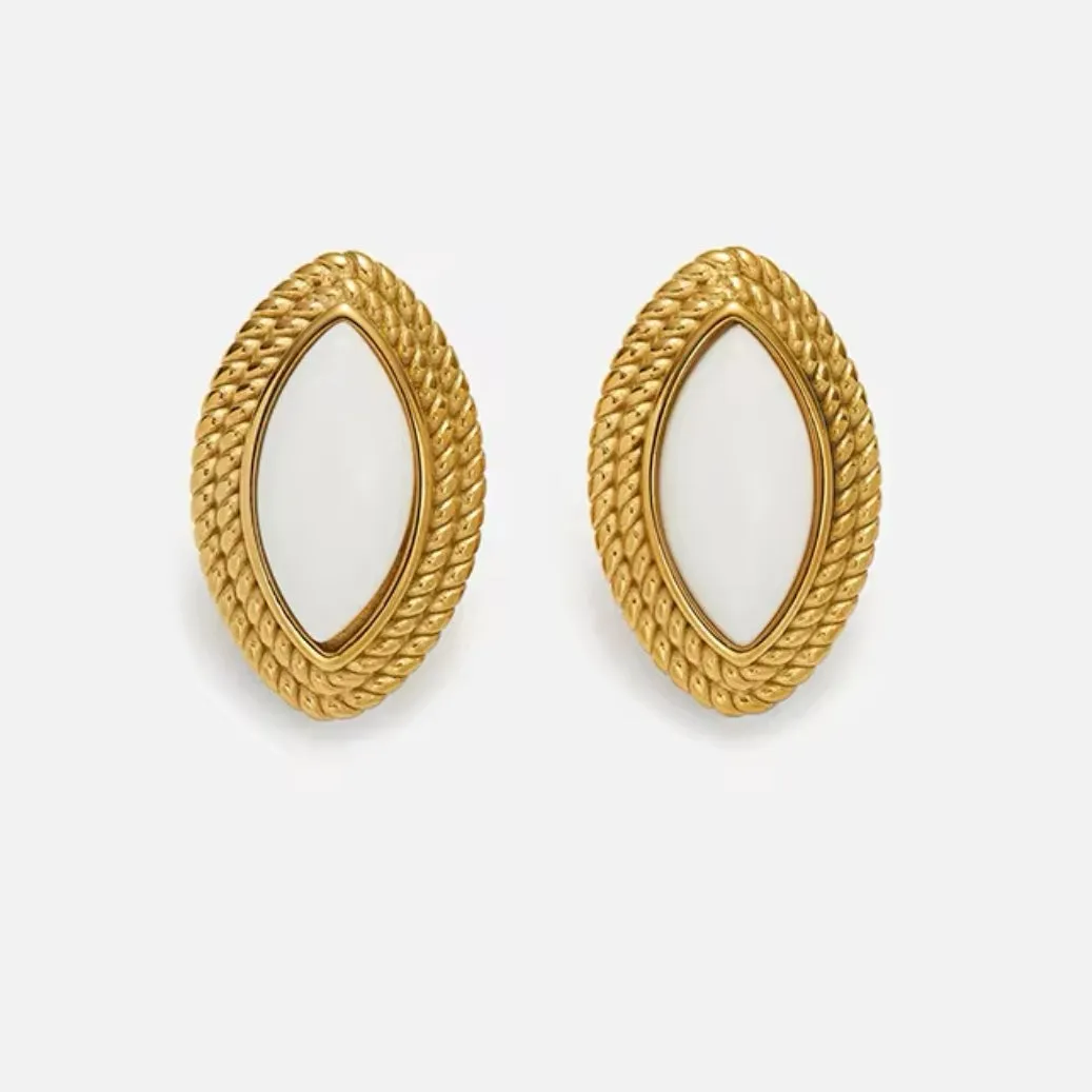 Oval Diamond Shape White Stone 18k Gold Earrings