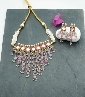 Pachi Kundan Choker with Mani Stone Drops and Square Stud Danglers (Necklace and Earrings Set)