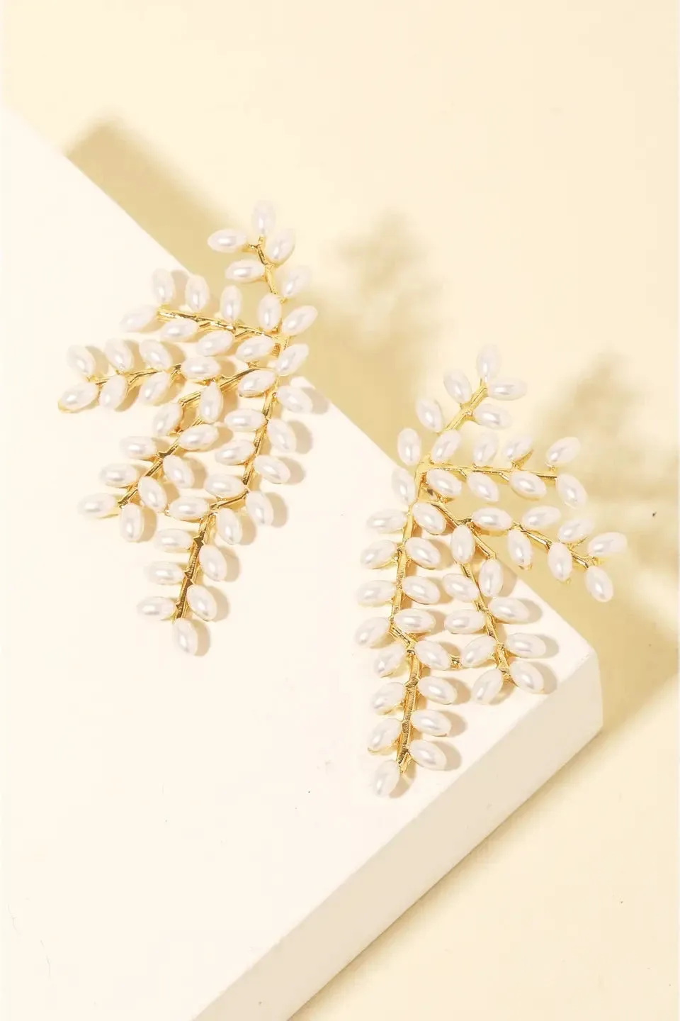 Pearl Bead Vine Leaf Earrings