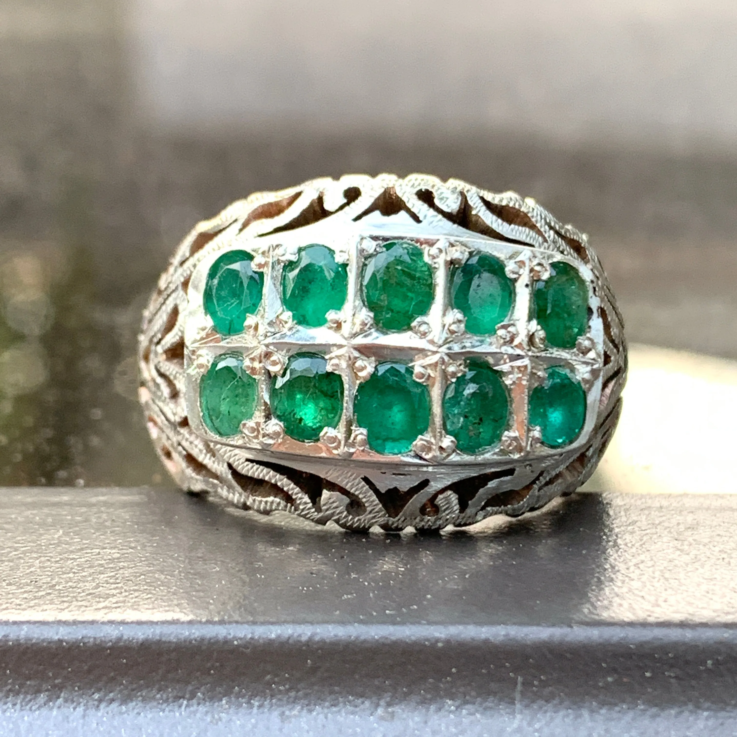Persian Splendor Sterling Silver Men's Ring Adorned with Emeralds