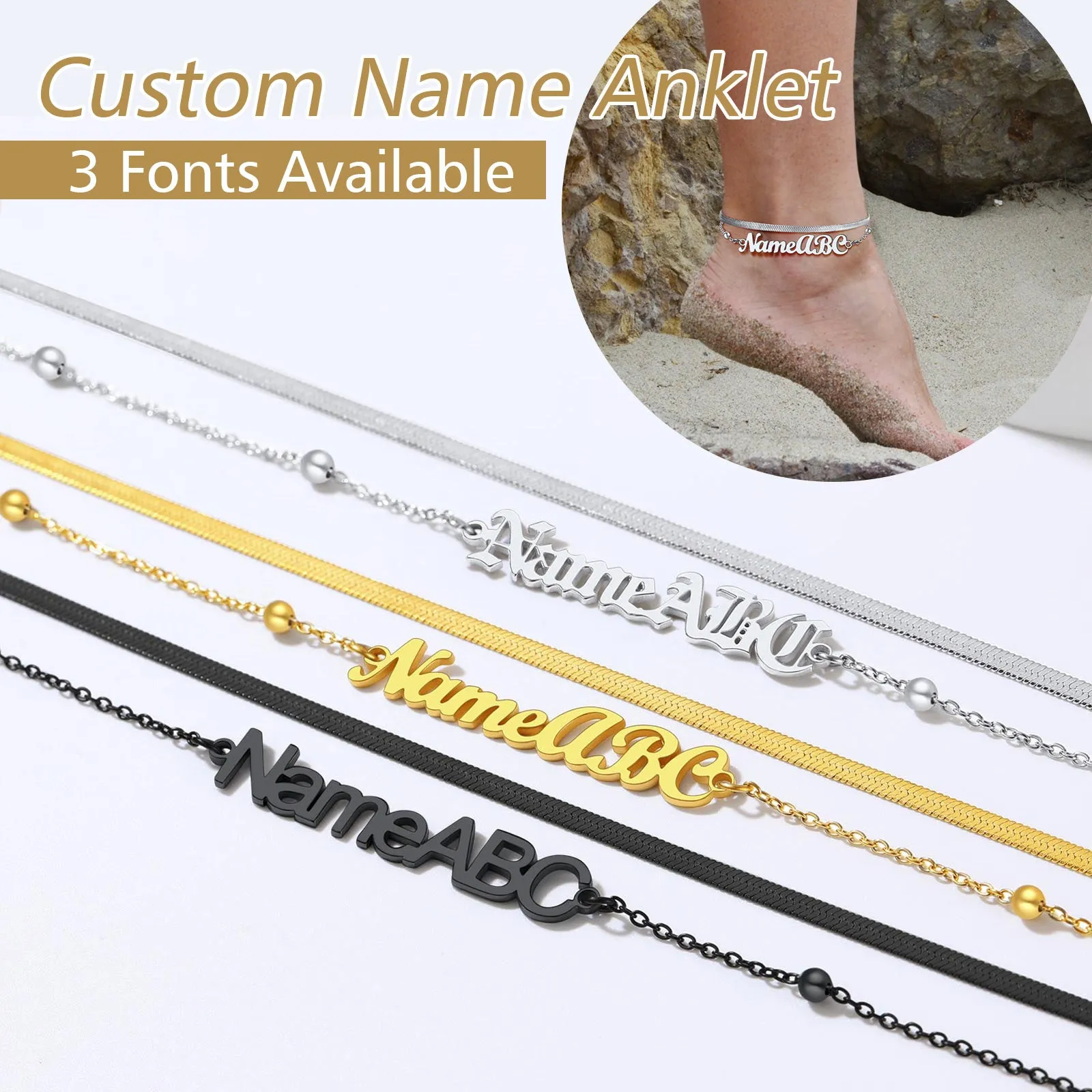 Personalized Herringbone Chain Layer Name Anklets For Women