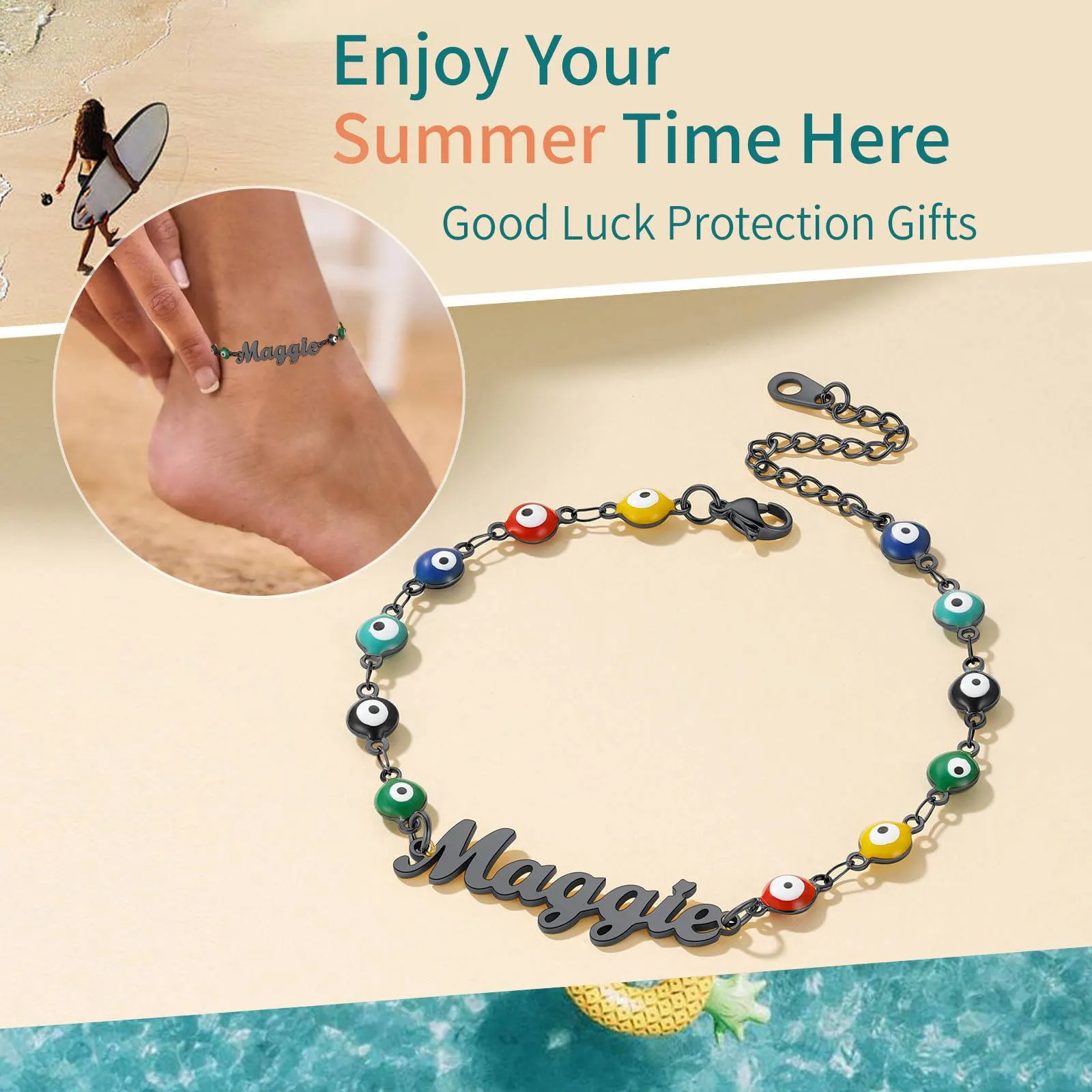 Personalized Name Evil Eye Anklets For Women