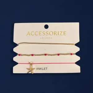 Pink Starfish Beaded Anklets Pack Of 3