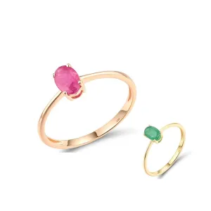 Pure14K 585 Yellow Rose Gold Rings For Women Ruby Emerald