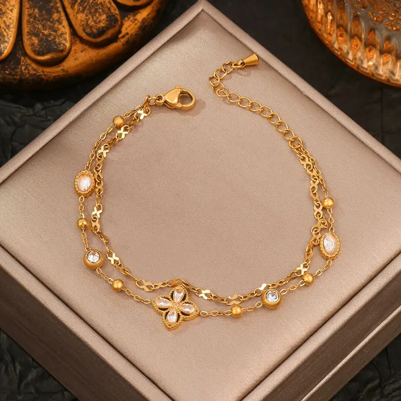 "High-End Stainless Steel 2-Layer Clover Charm Bracelet for Women"