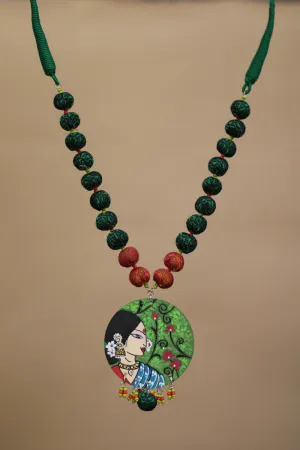 Rangili | Chindi beads necklace | Green Handpainted Pendant