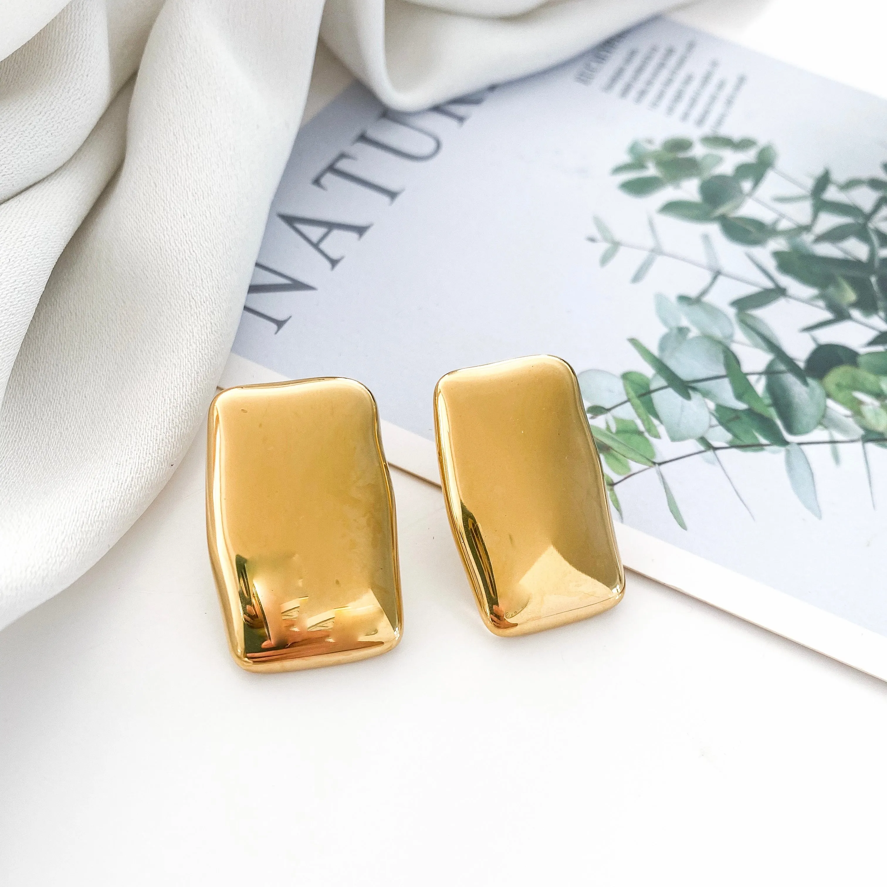 Rectangle Flat Gold Statement Earrings
