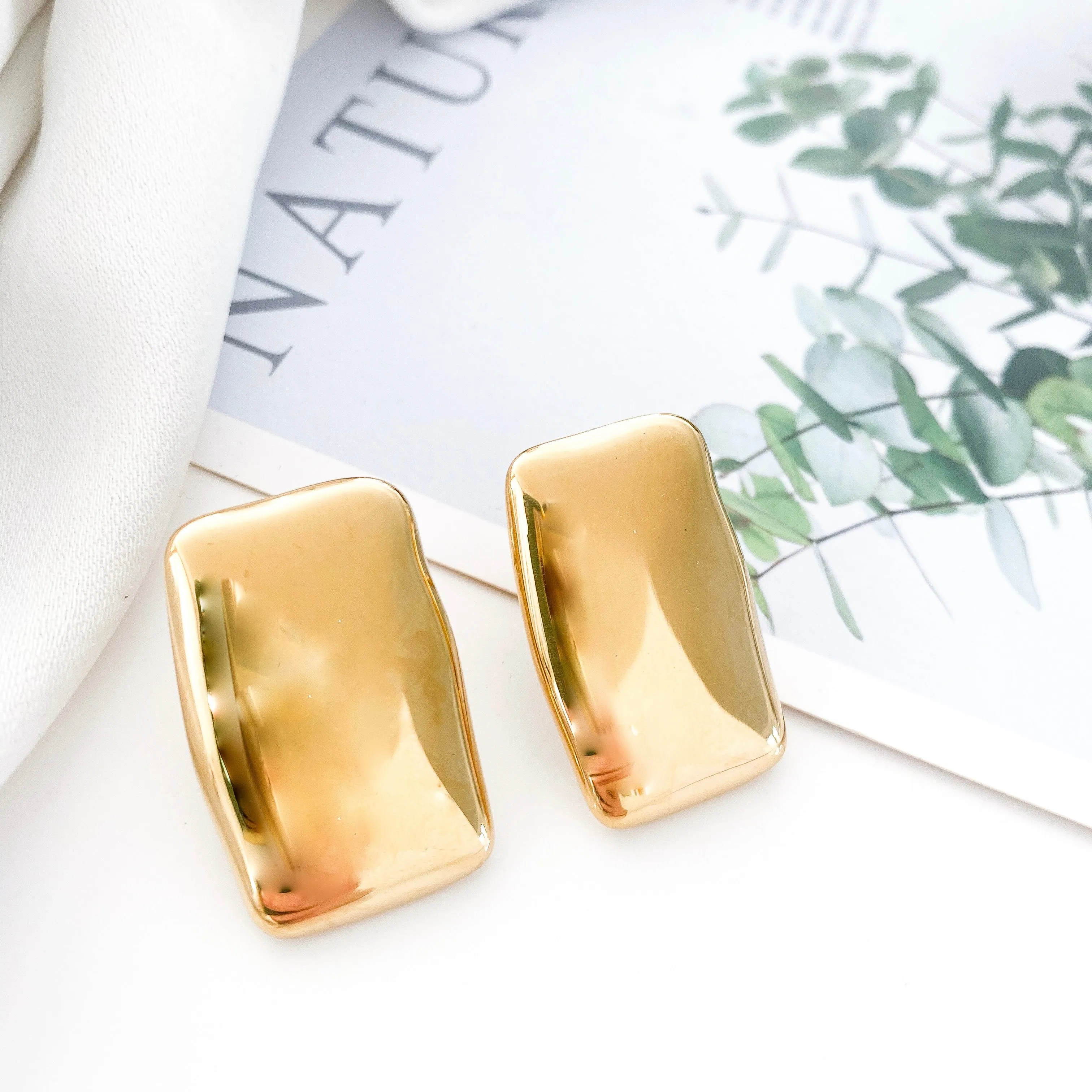 Rectangle Flat Gold Statement Earrings