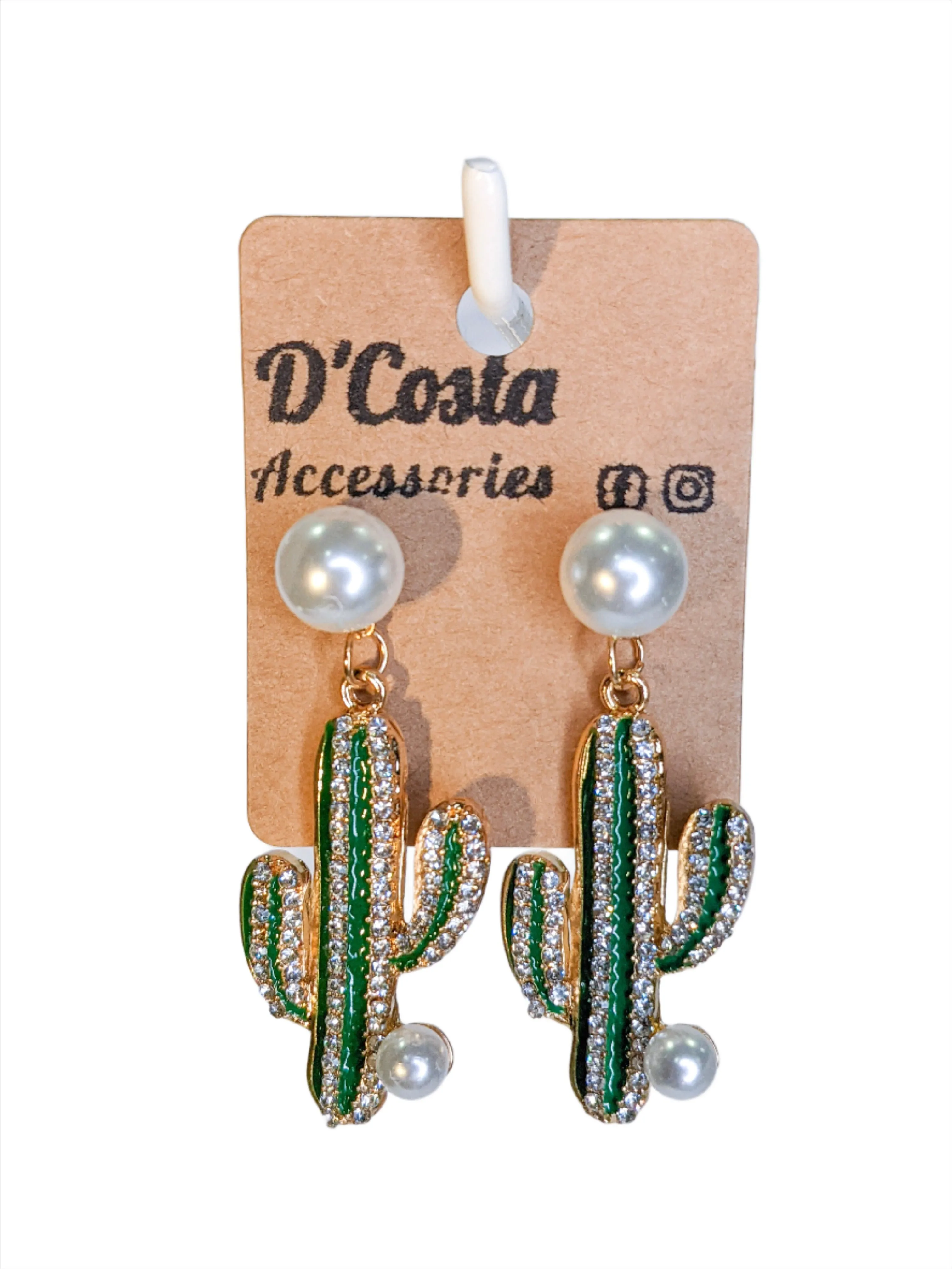Rhinestone and Pearl Cactus Drop Earrings