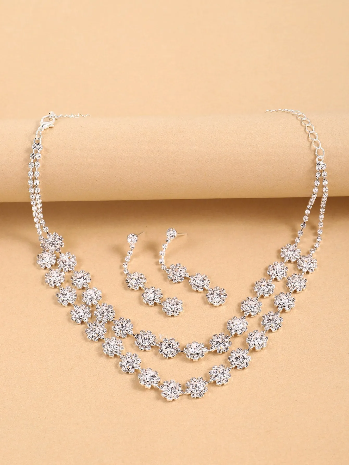 Rhinestone Decor Layered Necklace & 1pair Drop Earrings - Silver- FD ⚡