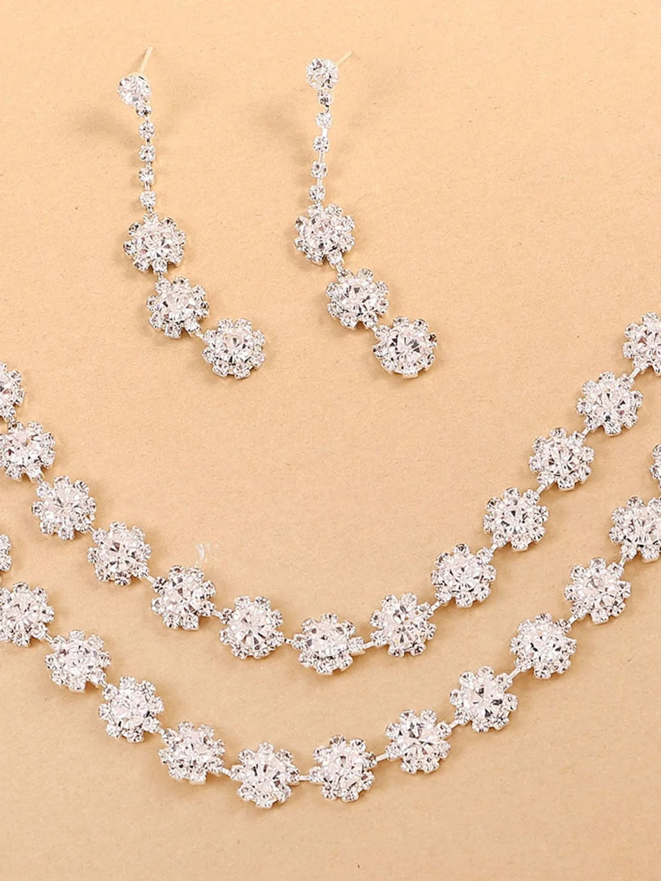 Rhinestone Decor Layered Necklace & 1pair Drop Earrings - Silver- FD ⚡