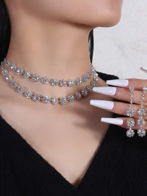 Rhinestone Decor Layered Necklace & 1pair Drop Earrings - Silver- FD ⚡
