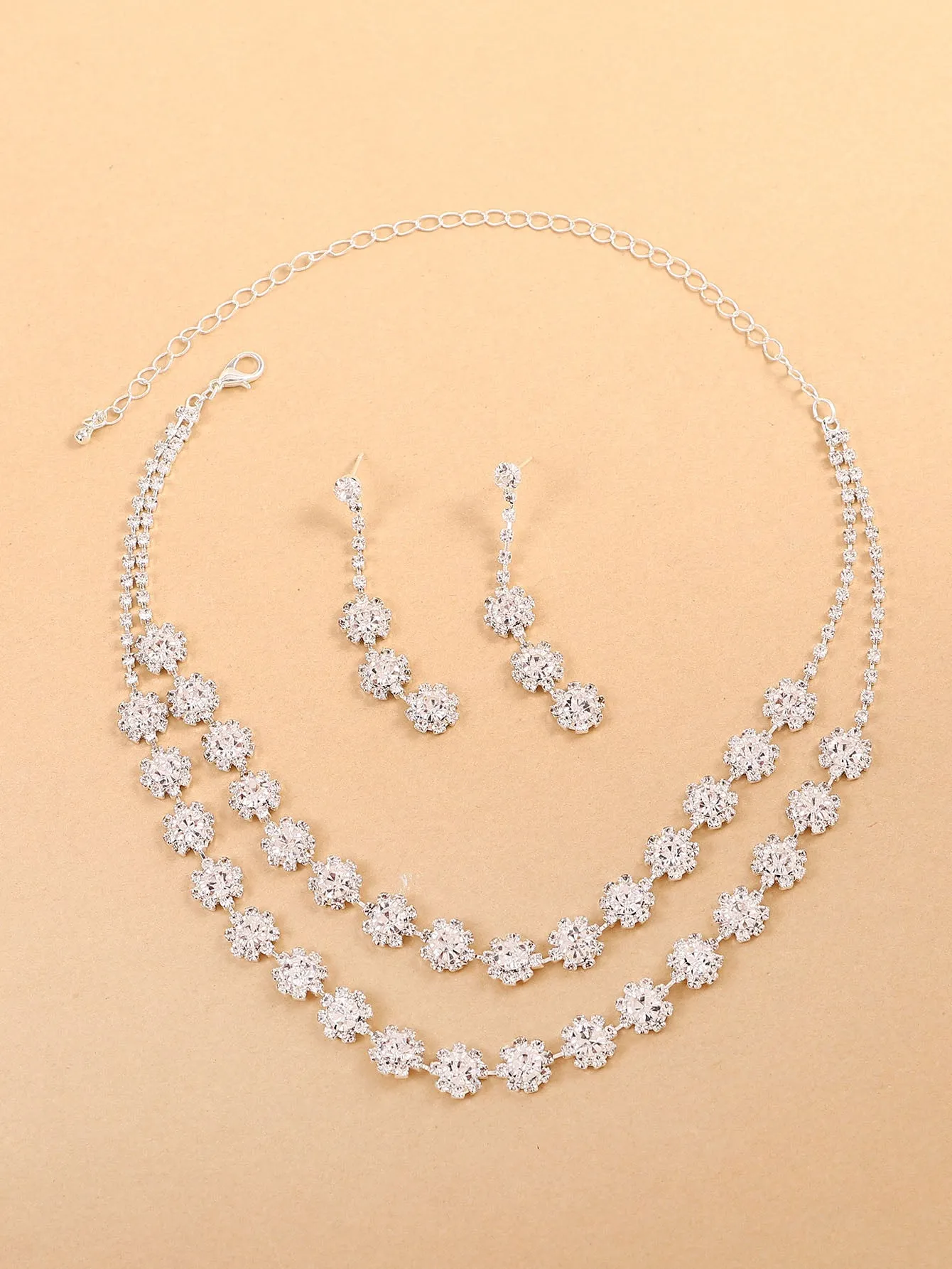 Rhinestone Decor Layered Necklace & 1pair Drop Earrings - Silver- FD ⚡