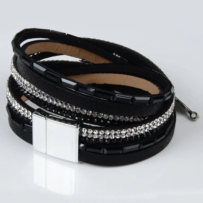 Rhinestone Feather Wide Multilayer Leather Bracelet Magnetic Tassel Bracelet Women Wrap Charm Boho Bohemian Bracelets Bangle Men