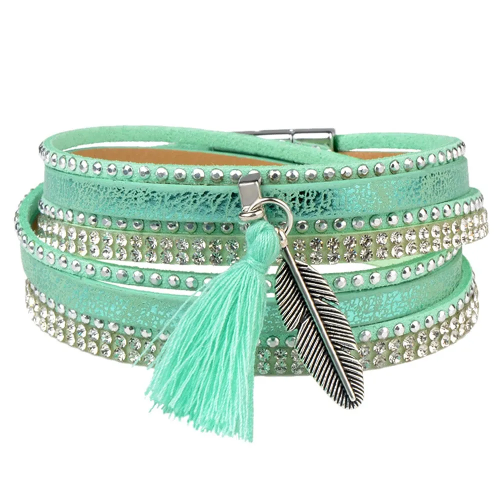 Rhinestone Feather Wide Multilayer Leather Bracelet Magnetic Tassel Bracelet Women Wrap Charm Boho Bohemian Bracelets Bangle Men