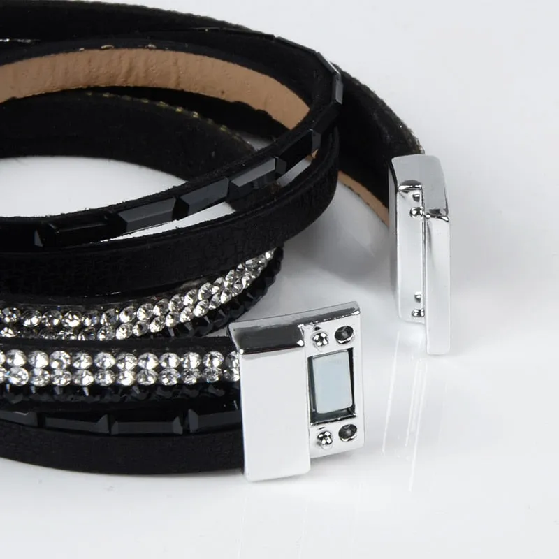 Rhinestone Feather Wide Multilayer Leather Bracelet Magnetic Tassel Bracelet Women Wrap Charm Boho Bohemian Bracelets Bangle Men