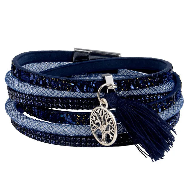 Rhinestone Feather Wide Multilayer Leather Bracelet Magnetic Tassel Bracelet Women Wrap Charm Boho Bohemian Bracelets Bangle Men