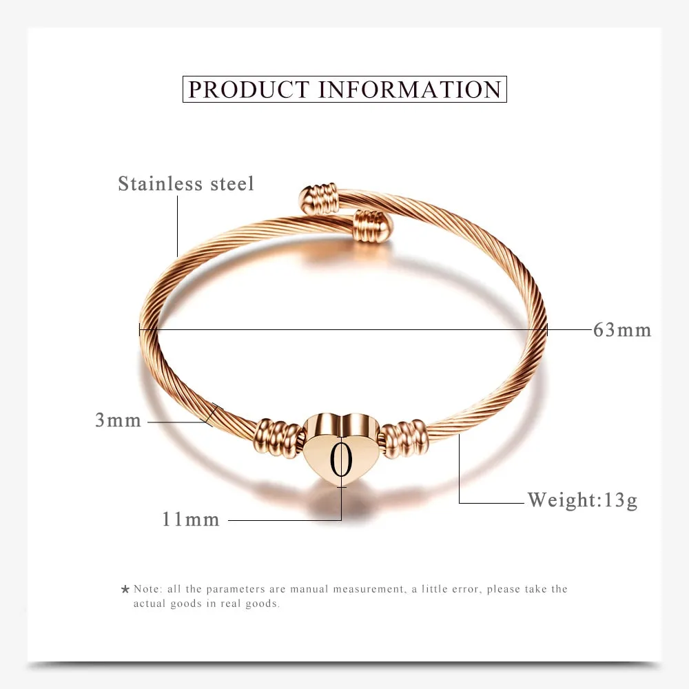 Rose gold Color Stainless Steel Heart Bracelet Bangle With Letter Fashion Initial Alphabet Charms Bracelets For Women
