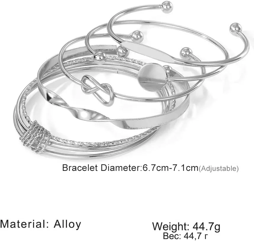 Rrdaily 14k Gold Plated Bangle Bracelet Set for Women,Silver Stackable Multi-Layer Circle Charm Bracelet,Trendy Simple Layered Non Tarnish Cuff Bracelet
