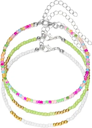 Rrdaily 3Pcs Beaded Anklets Set for Women,Colorful Resin Beads Rainbow Anklets Bracelets Bohemian Handmade Beach Plastic Holiday Anklets Accessories