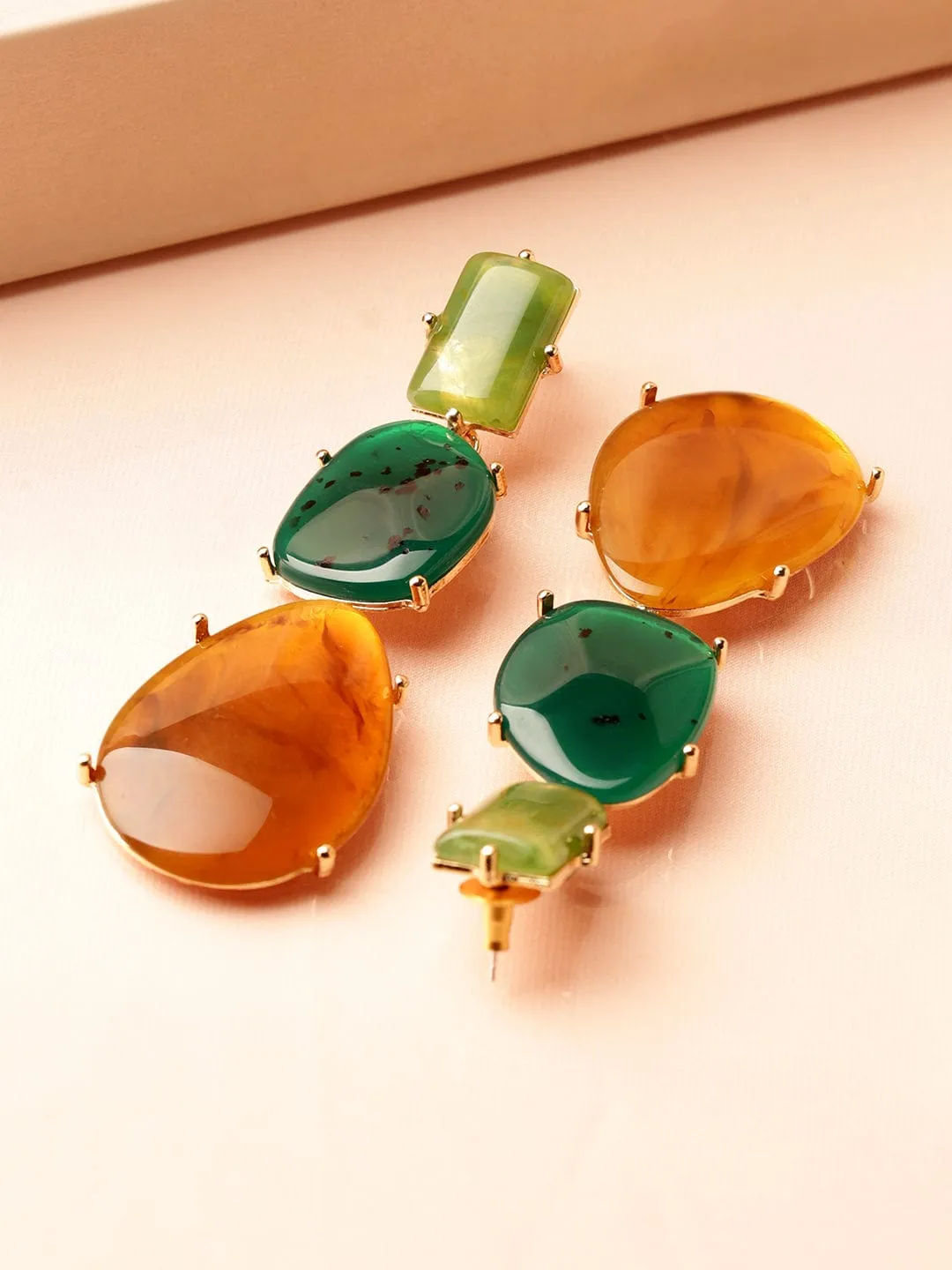 Rubans 18K Gold-Plated Green & Amber Beaded Stylish Drop Earrings